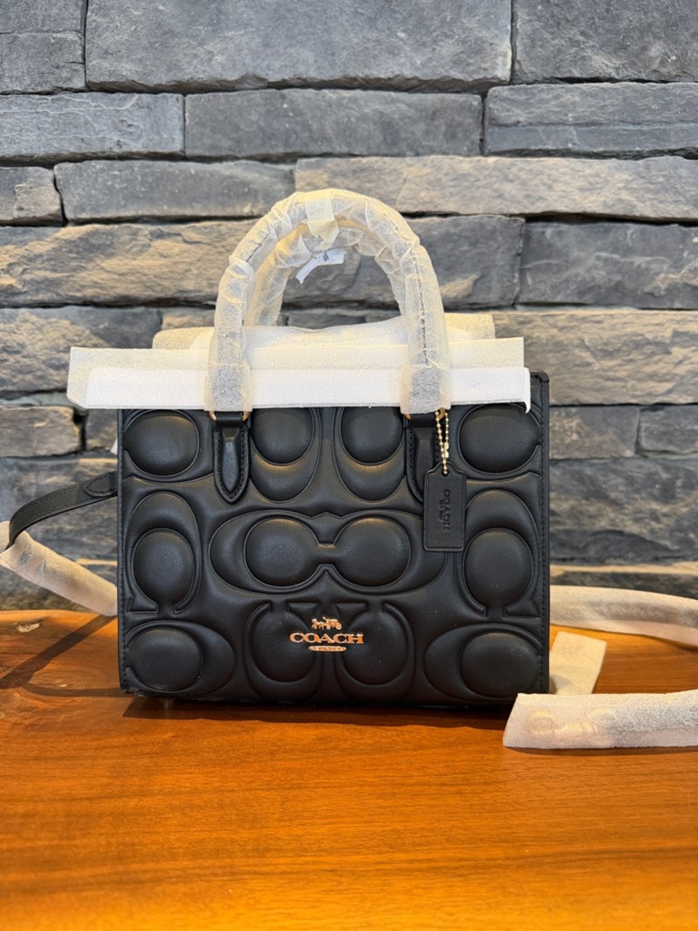 Coach Black Quilted SignatureLTH MGG Small tote Satchel with Gold Logo